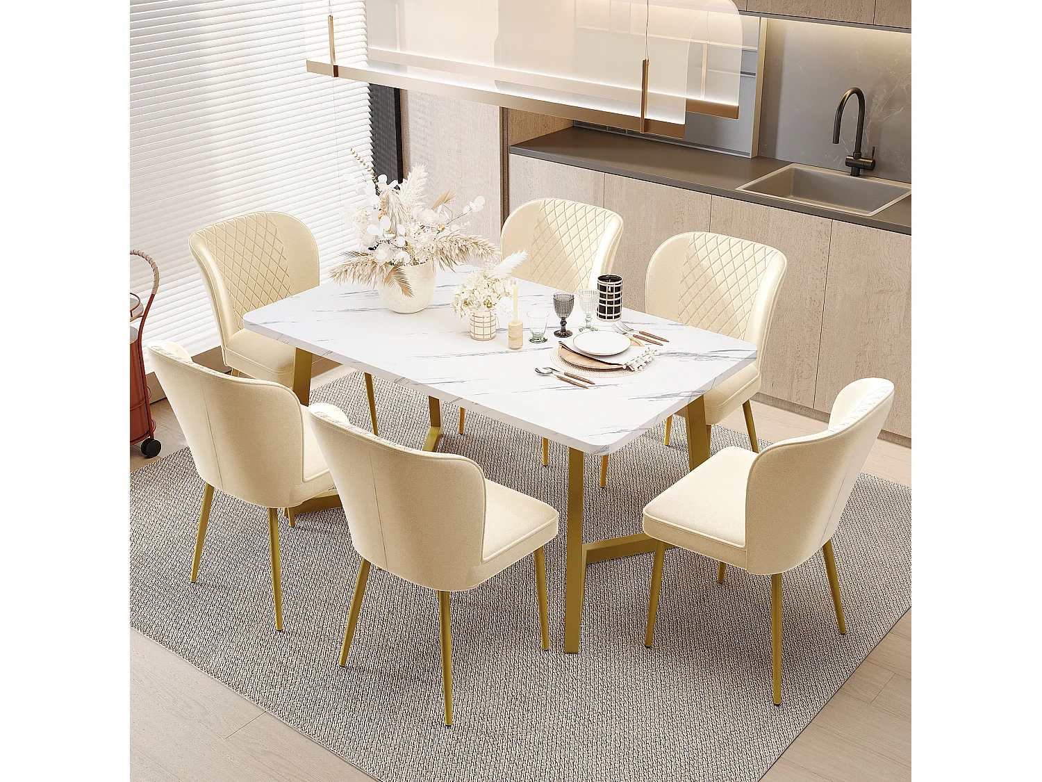 Conjunto de 6 sillas - 47 x 43 x 86 cm - Respaldo tapizado en terciopelo + estructura de metal - Terciopelo - Beige