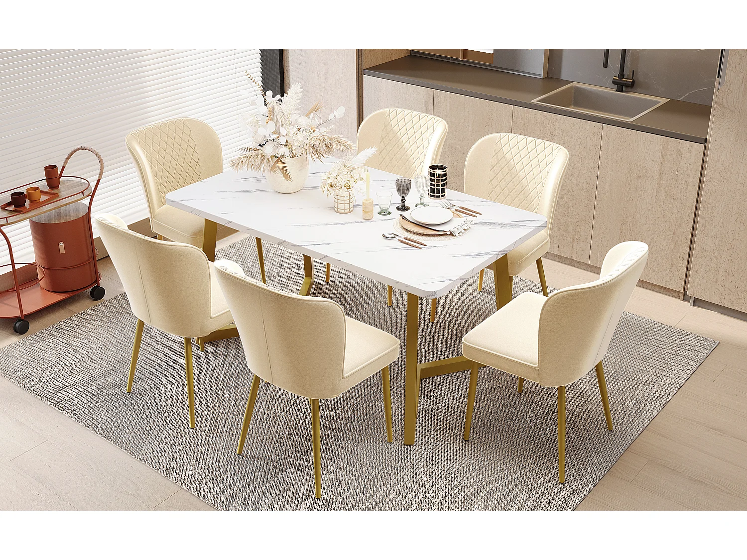 Conjunto de 6 sillas - 47 x 43 x 86 cm - Respaldo tapizado en terciopelo + estructura de metal - Terciopelo - Beige