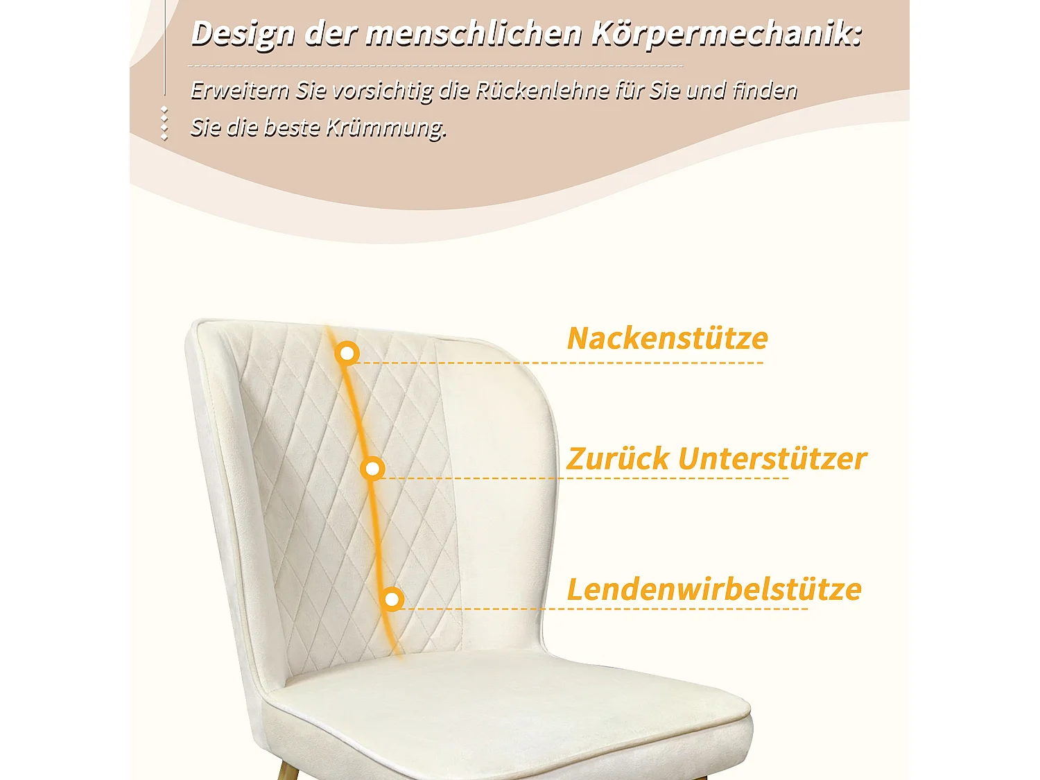 Conjunto de 6 sillas - 47 x 43 x 86 cm - Respaldo tapizado en terciopelo + estructura de metal - Terciopelo - Beige