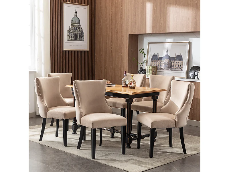 Lot de 6 chaises à manger - 50 x 41 x 91 cm - velours à boutons + cadre en bois massif - velours - beige