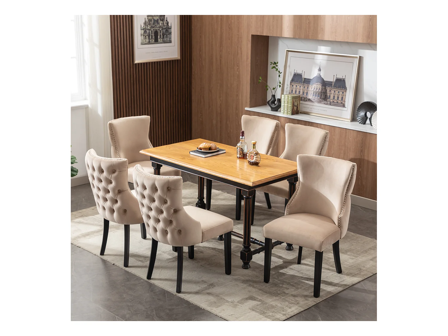 Lot de 6 chaises à manger - 50 x 41 x 91 cm - velours à boutons + cadre en bois massif - velours - beige