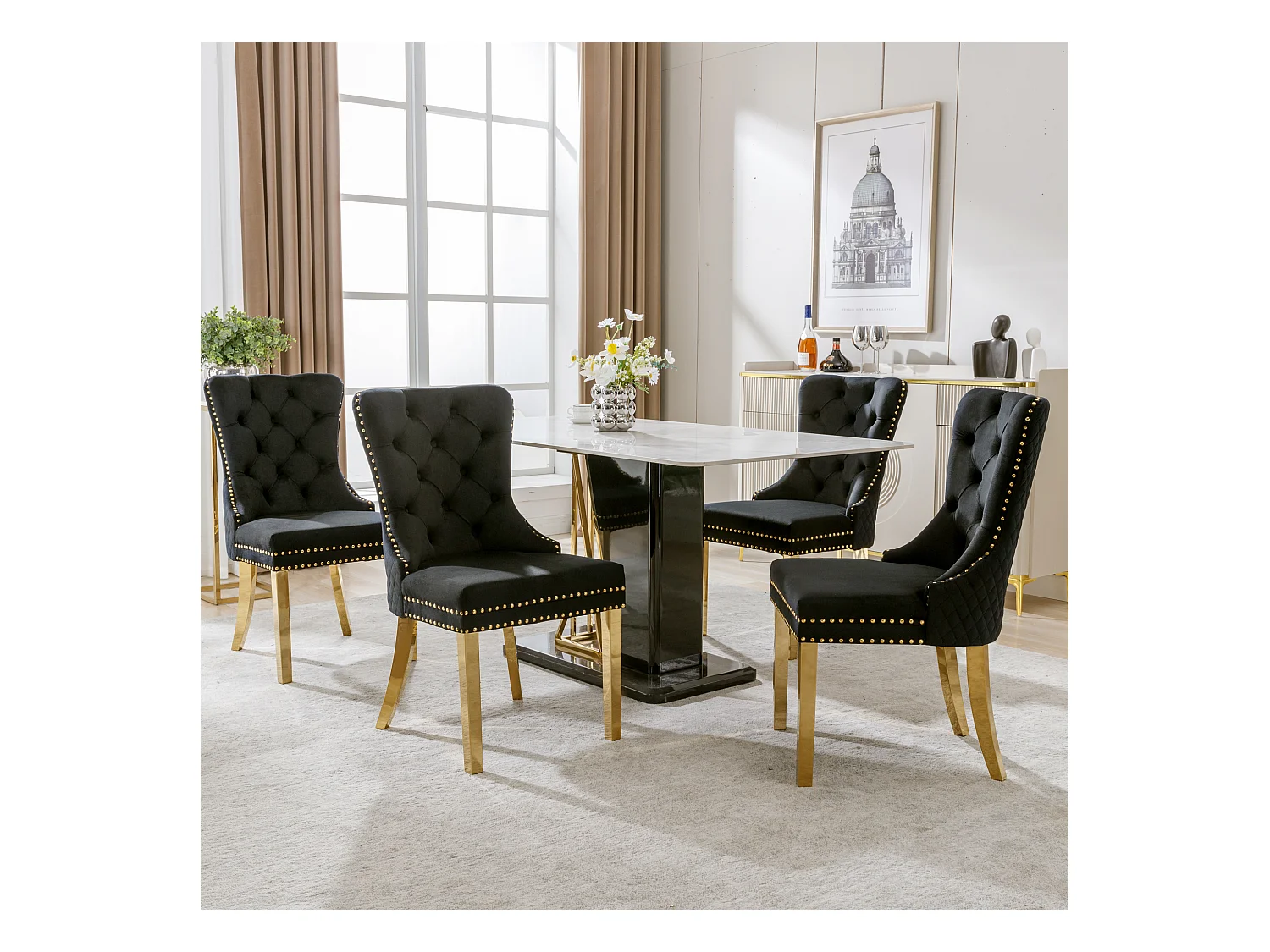 Lot de 4 chaises - 50.5 x 65.5 x 95 cm - pieds en acier inoxydable doré - velours - noir/or