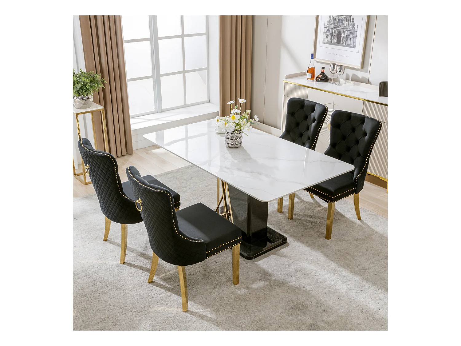 Lot de 4 chaises - 50.5 x 65.5 x 95 cm - pieds en acier inoxydable doré - velours - noir/or