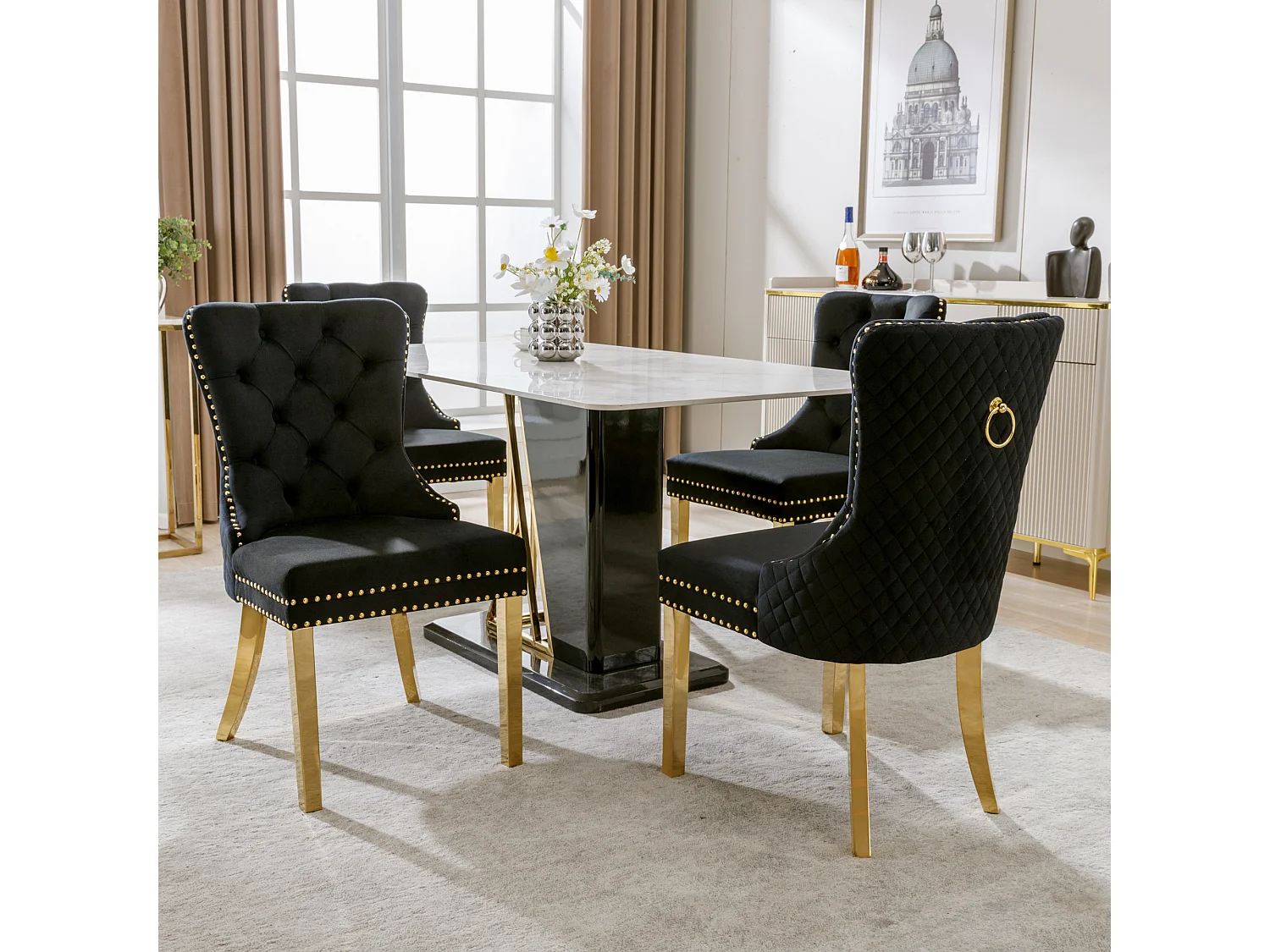 Lot de 4 chaises - 50.5 x 65.5 x 95 cm - pieds en acier inoxydable doré - velours - noir/or