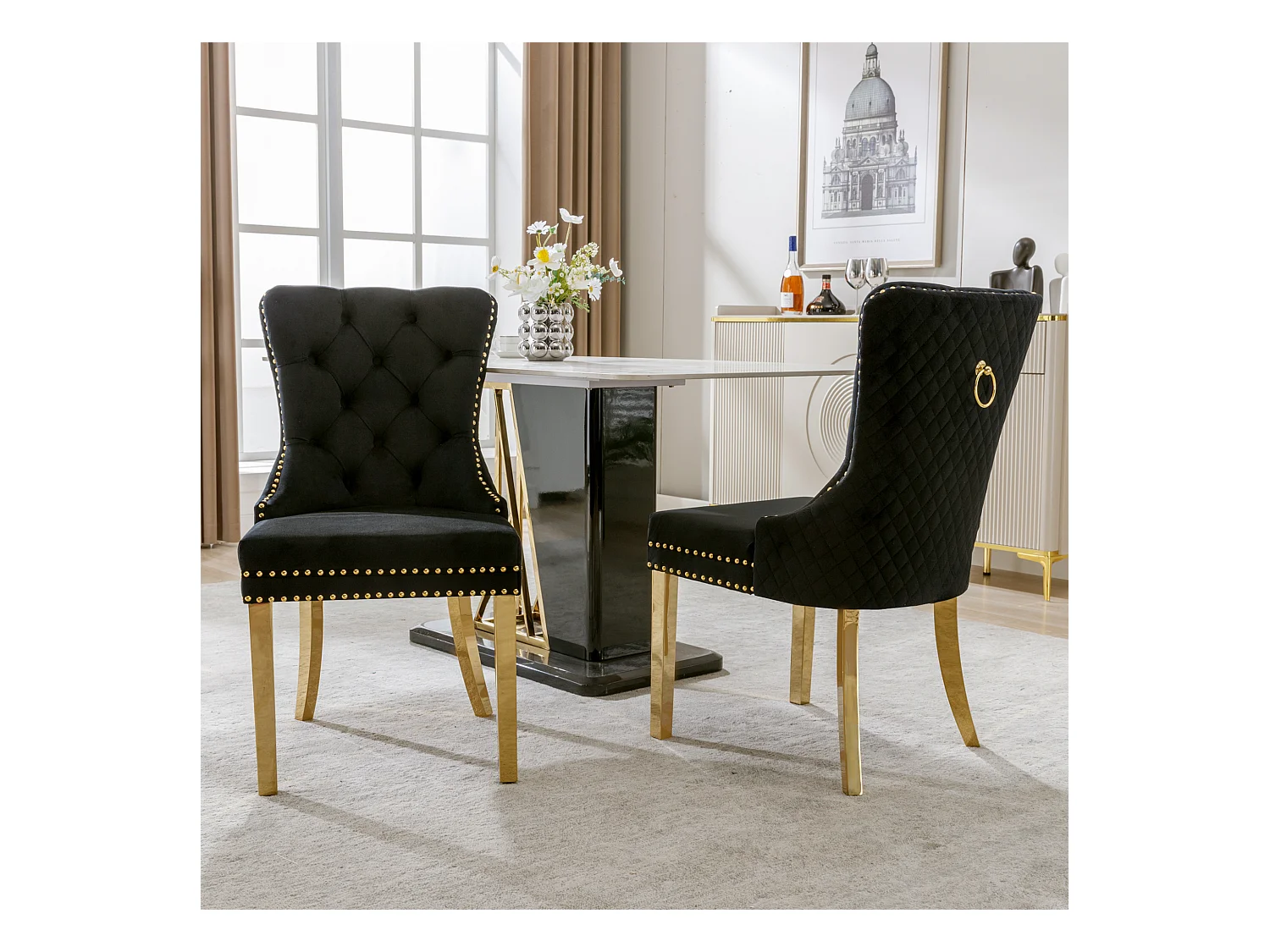 Lot de 2 chaises - 50.5 x 65.5 x 95 cm - pieds en acier inoxydable doré - velours - noir/or