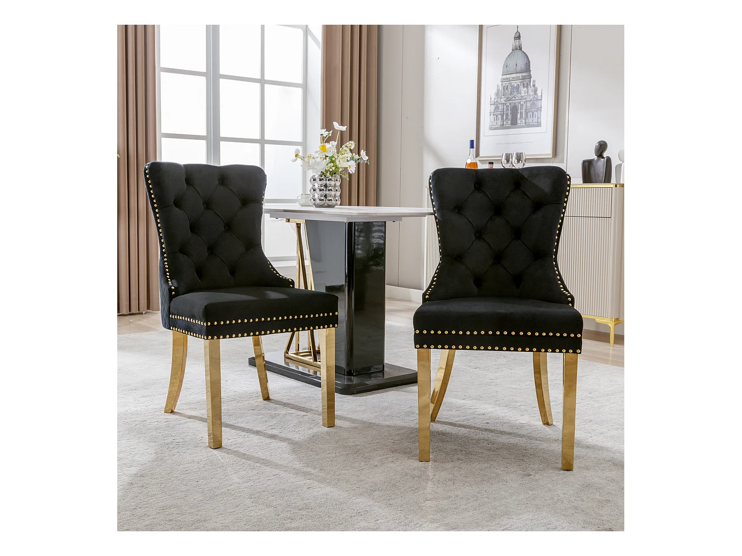 Lot de 2 chaises - 50.5 x 65.5 x 95 cm - pieds en acier inoxydable doré - velours - noir/or