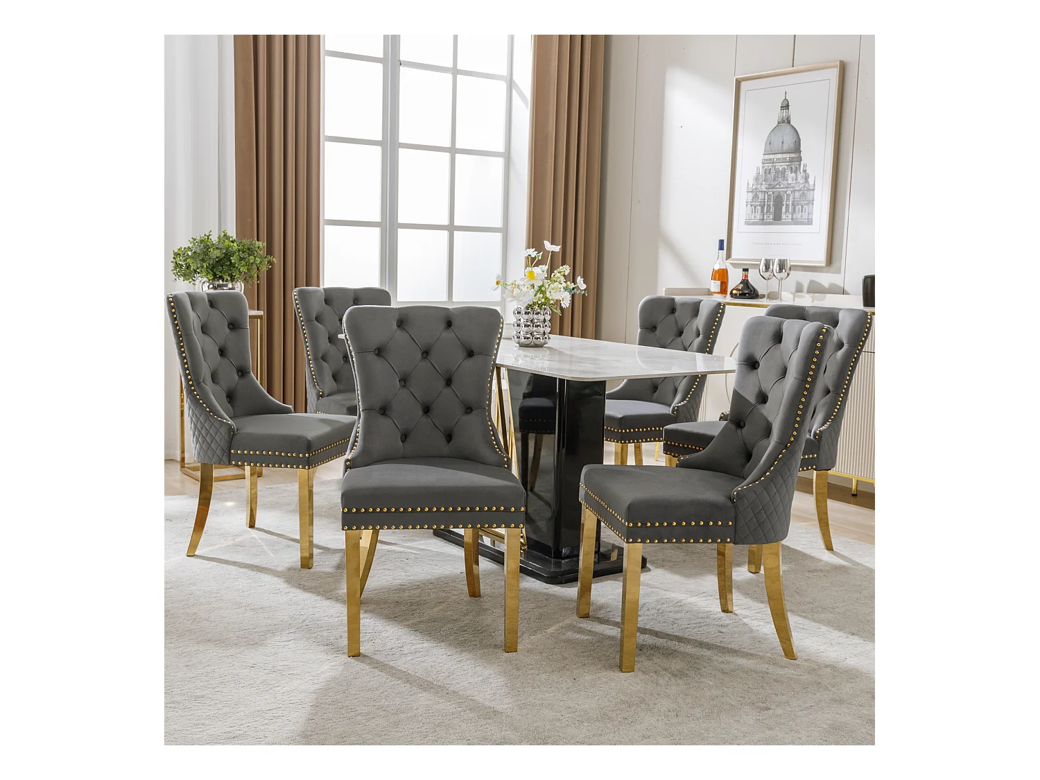 Lot de 6 chaises - 50.5 x 65.5 x 95 cm - pieds en acier inoxydable doré - velours - gris/or