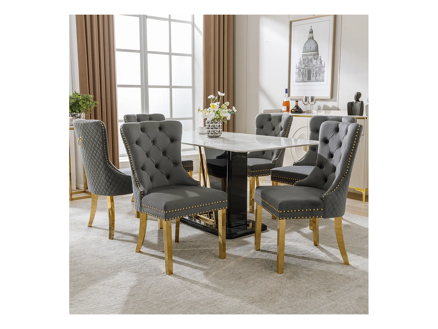 Lot de 6 chaises - 50.5 x 65.5 x 95 cm - pieds en acier inoxydable doré - velours - gris/or