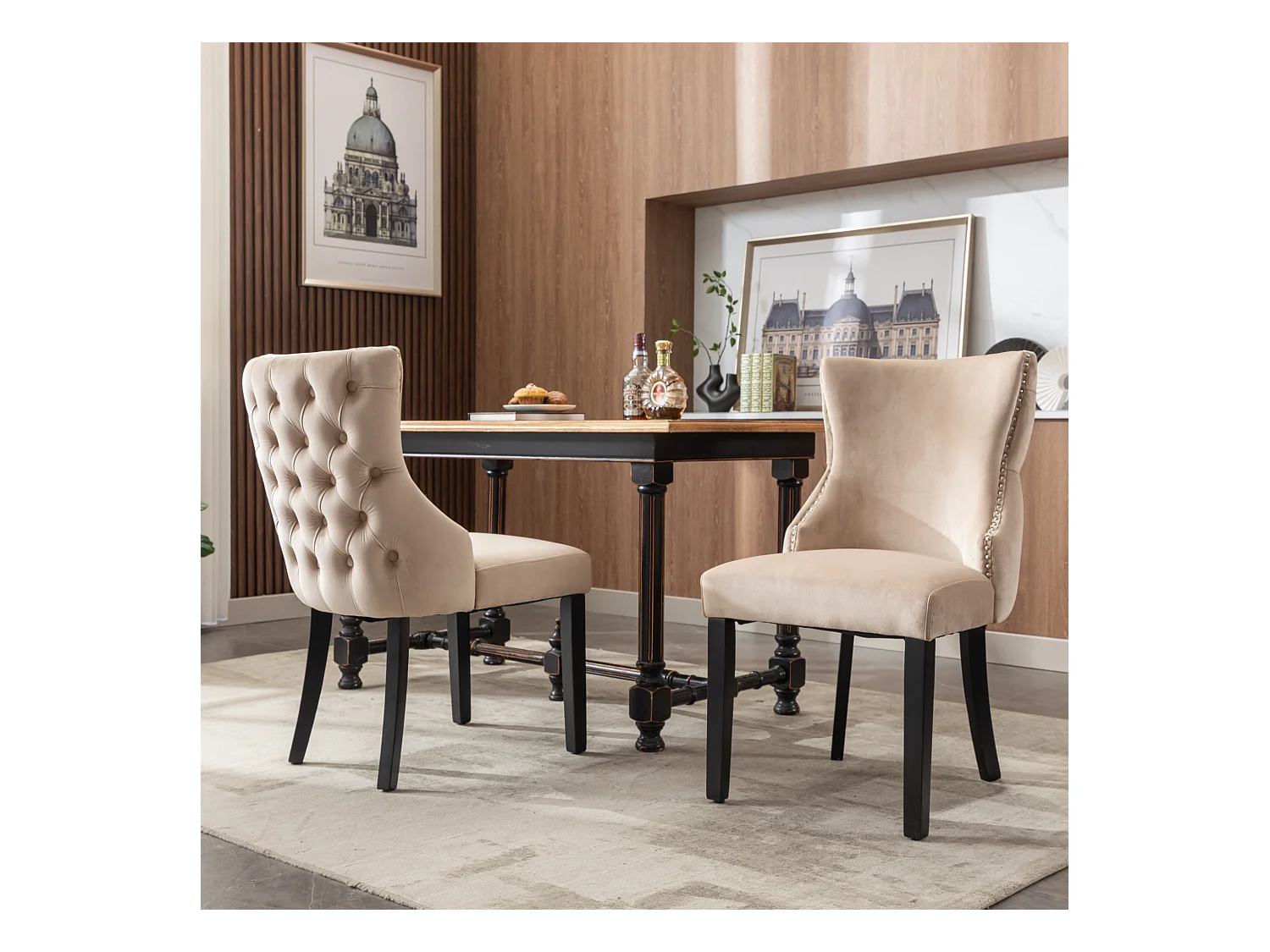Lot de 2 chaises à manger - 50 x 41 x 91 cm - velours à boutons + cadre en bois massif - velours - beige