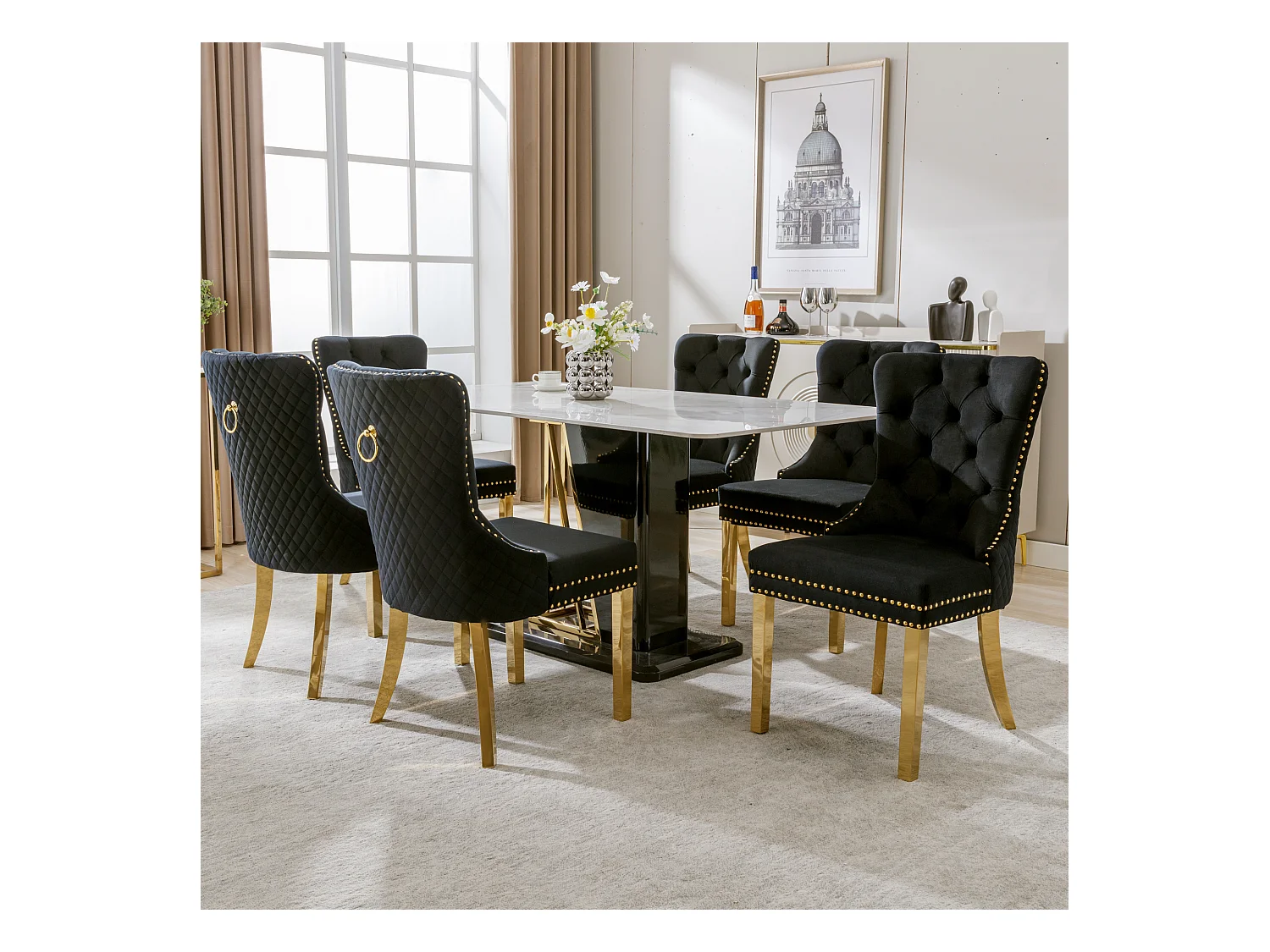 Lot de 6 chaises - 50.5 x 65.5 x 95 cm - pieds en acier inoxydable doré - velours - noir/or