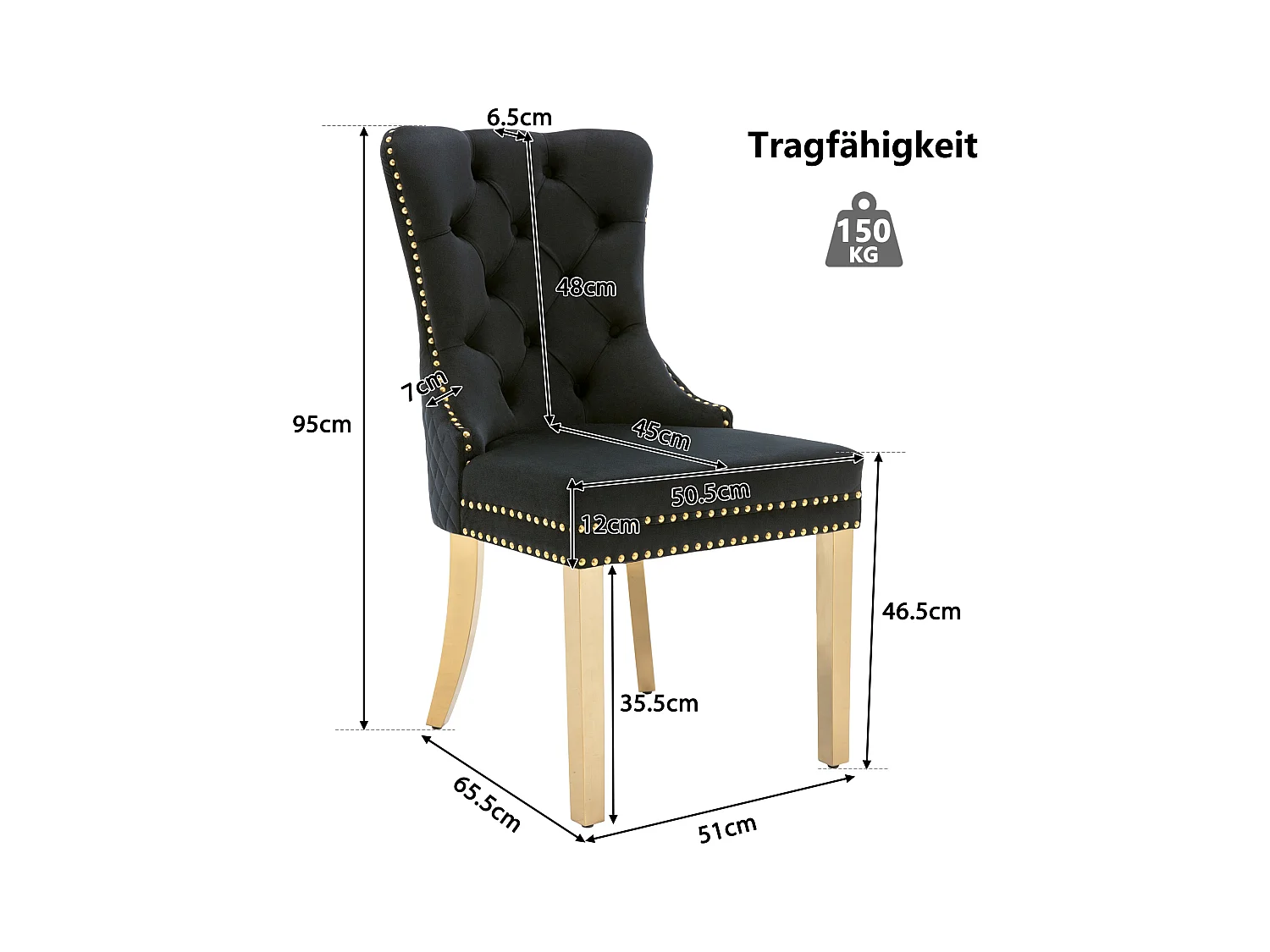 Lot de 6 chaises - 50.5 x 65.5 x 95 cm - pieds en acier inoxydable doré - velours - noir/or