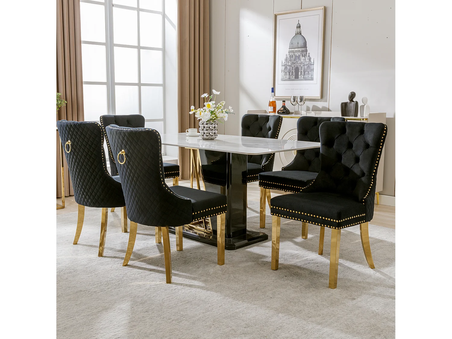 Lot de 6 chaises - 50.5 x 65.5 x 95 cm - pieds en acier inoxydable doré - velours - noir/or