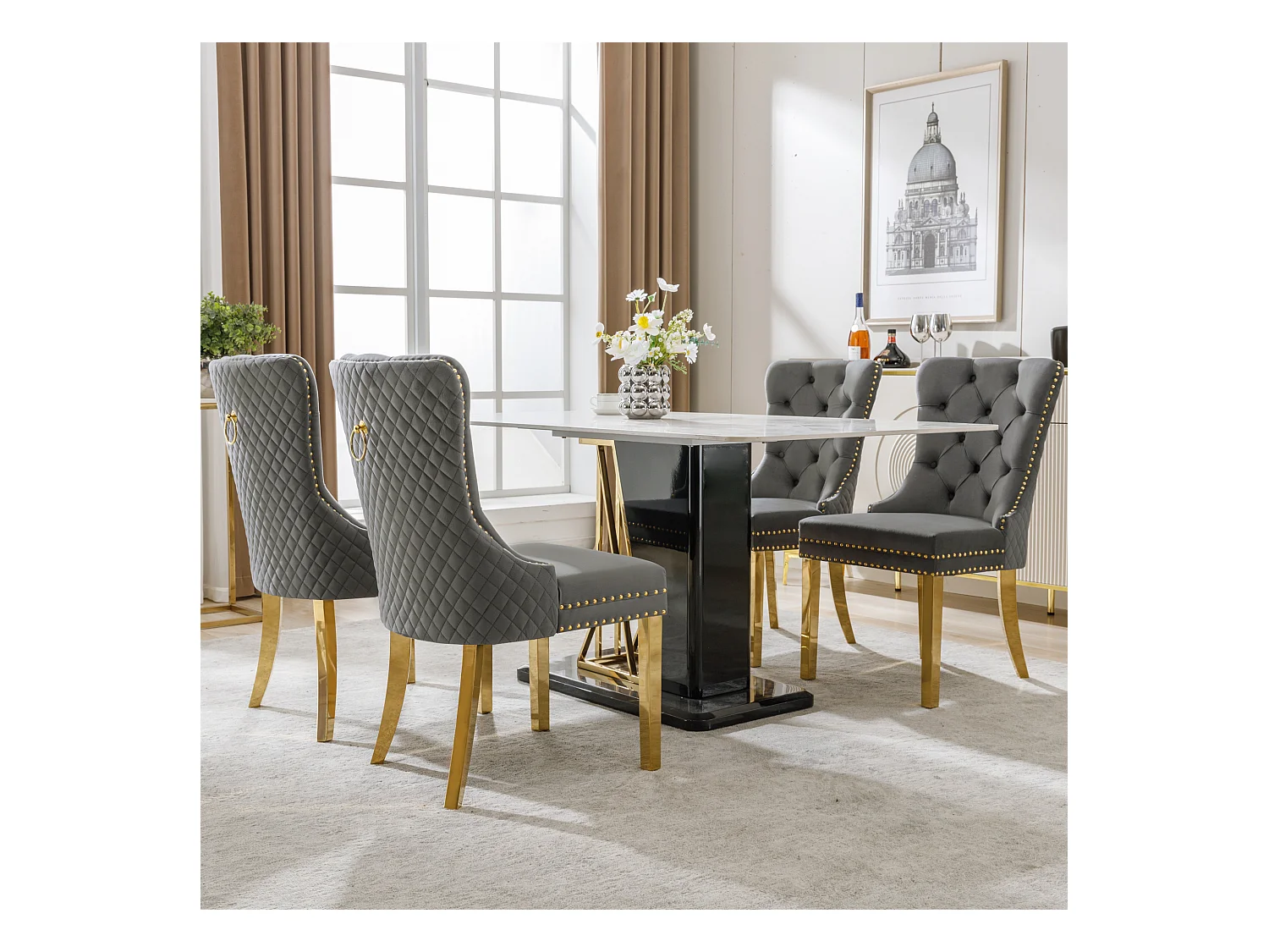 Lot de 4 chaises - 50.5 x 65.5 x 95 cm - pieds en acier inoxydable doré - velours - gris/or