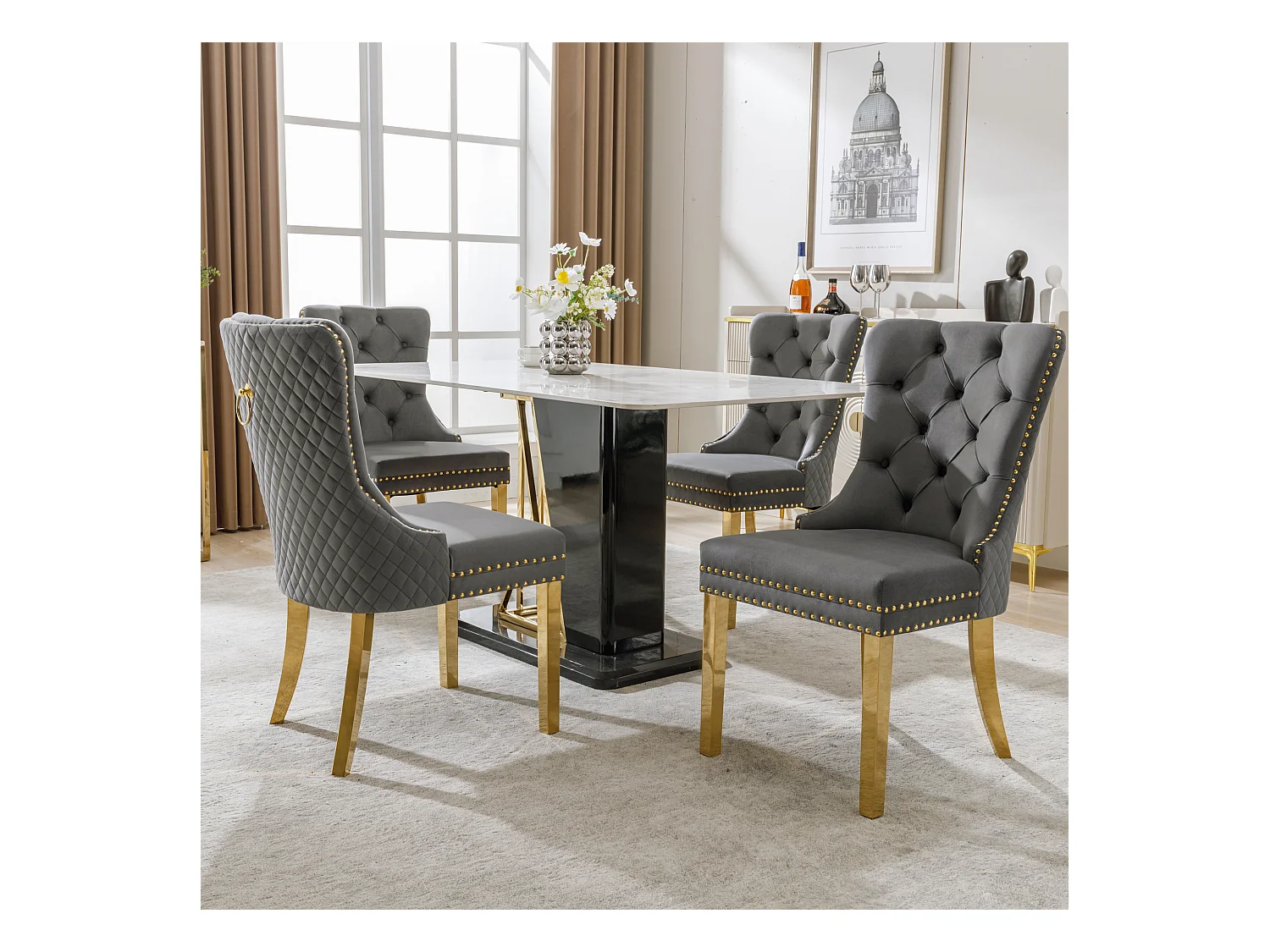 Lot de 4 chaises - 50.5 x 65.5 x 95 cm - pieds en acier inoxydable doré - velours - gris/or