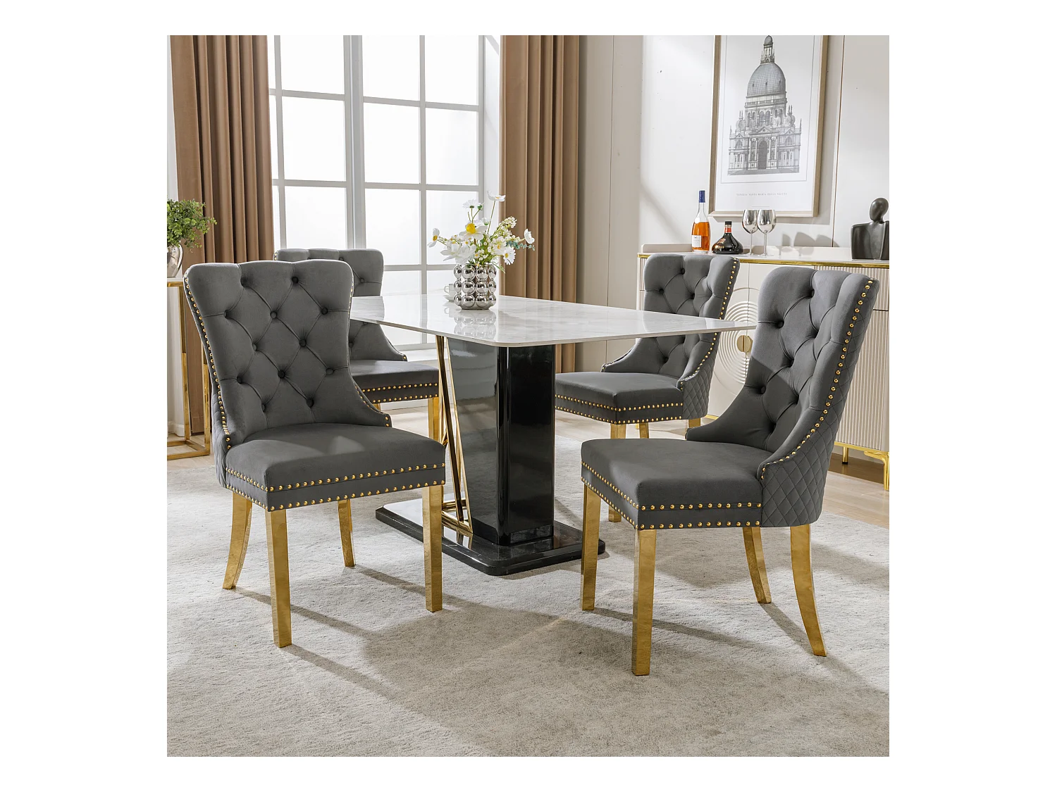 Lot de 4 chaises - 50.5 x 65.5 x 95 cm - pieds en acier inoxydable doré - velours - gris/or