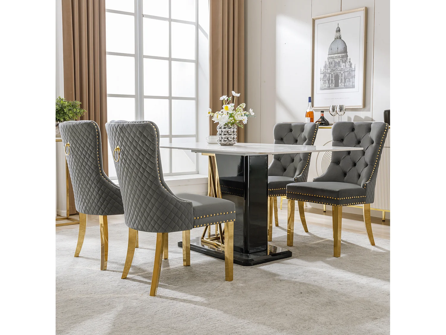 Lot de 4 chaises - 50.5 x 65.5 x 95 cm - pieds en acier inoxydable doré - velours - gris/or