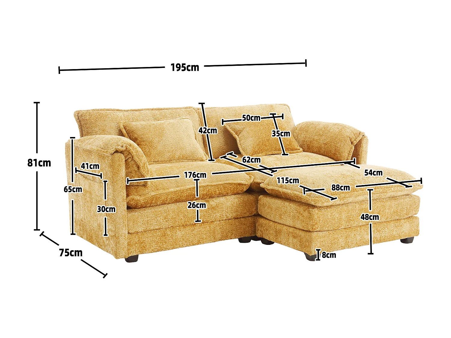 Canapé 2 places - 195 x 115 x 81 cm - avec repose-pieds + rangements latéraux + coussins - chenille - jaune