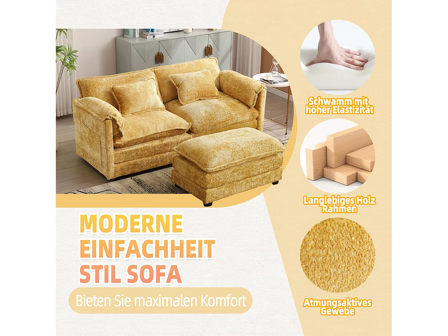 Canapé 2 places - 195 x 115 x 81 cm - avec repose-pieds + rangements latéraux + coussins - chenille - jaune