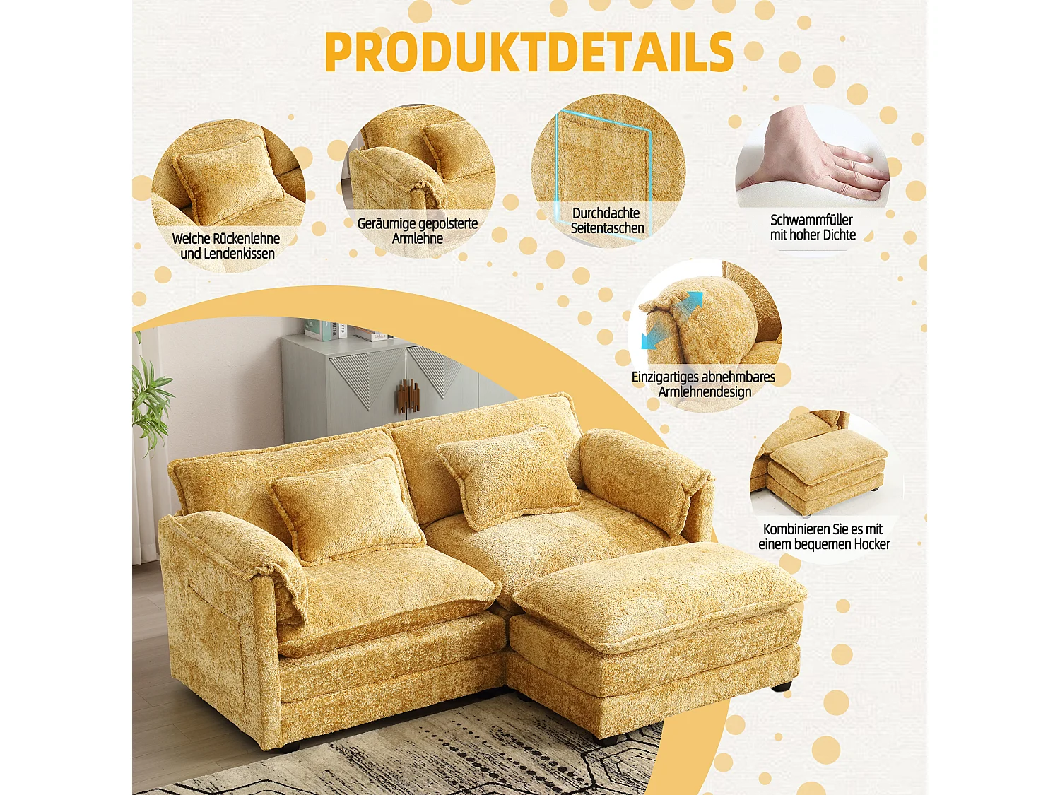 Canapé 2 places - 195 x 115 x 81 cm - avec repose-pieds + rangements latéraux + coussins - chenille - jaune