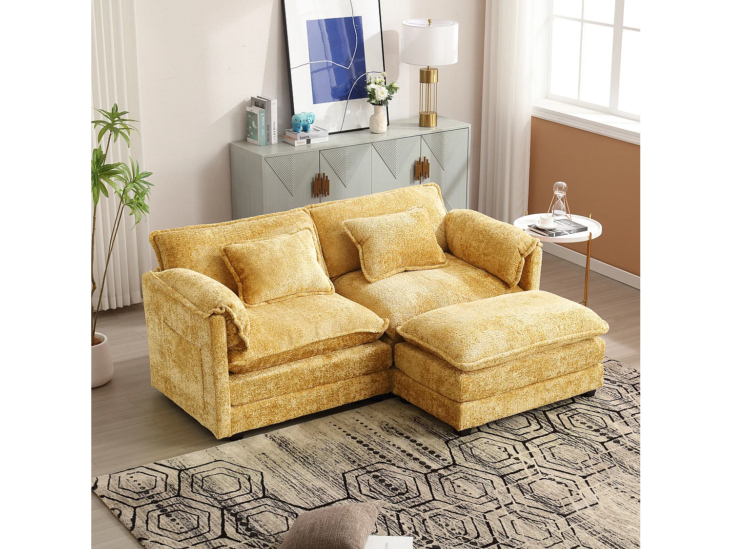 Canapé 2 places - 195 x 115 x 81 cm - avec repose-pieds + rangements latéraux + coussins - chenille - jaune