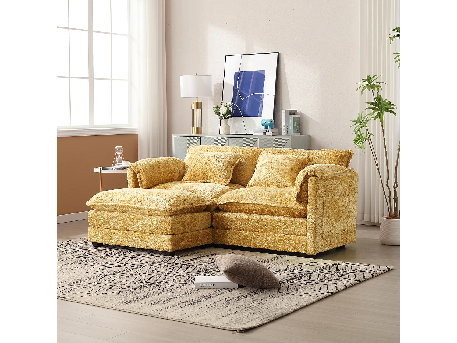 Canapé 2 places - 195 x 115 x 81 cm - avec repose-pieds + rangements latéraux + coussins - chenille - jaune