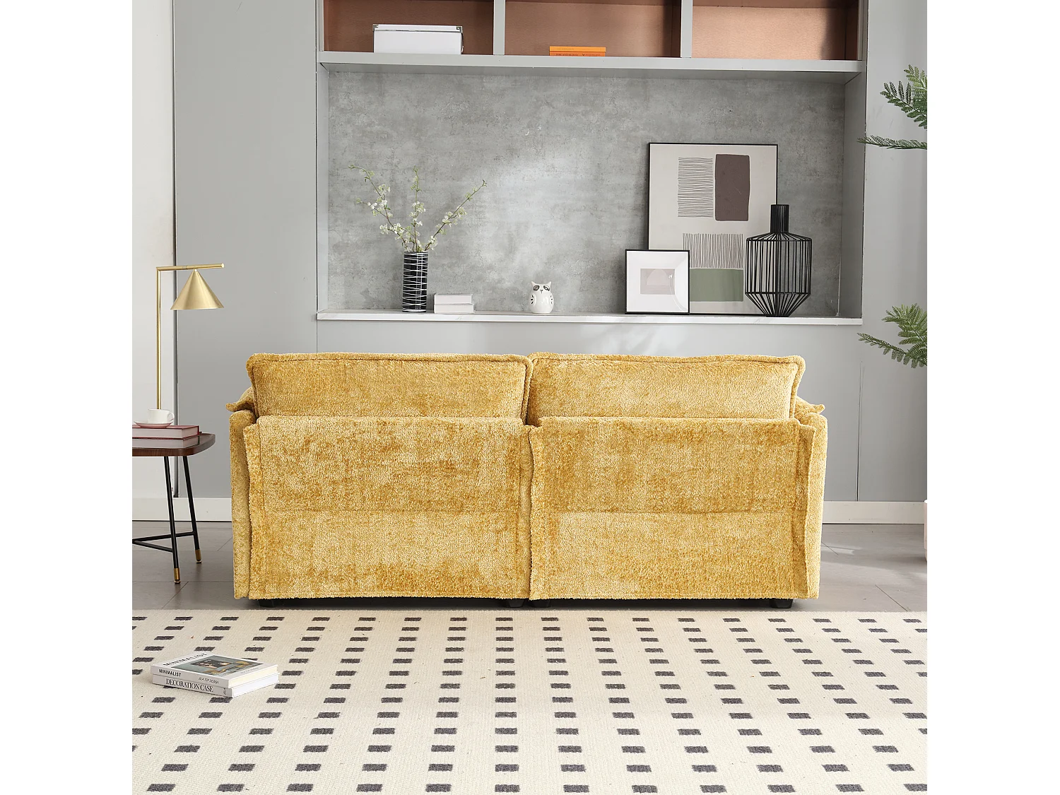 Canapé 2 places - 195 x 115 x 81 cm - avec repose-pieds + rangements latéraux + coussins - chenille - jaune