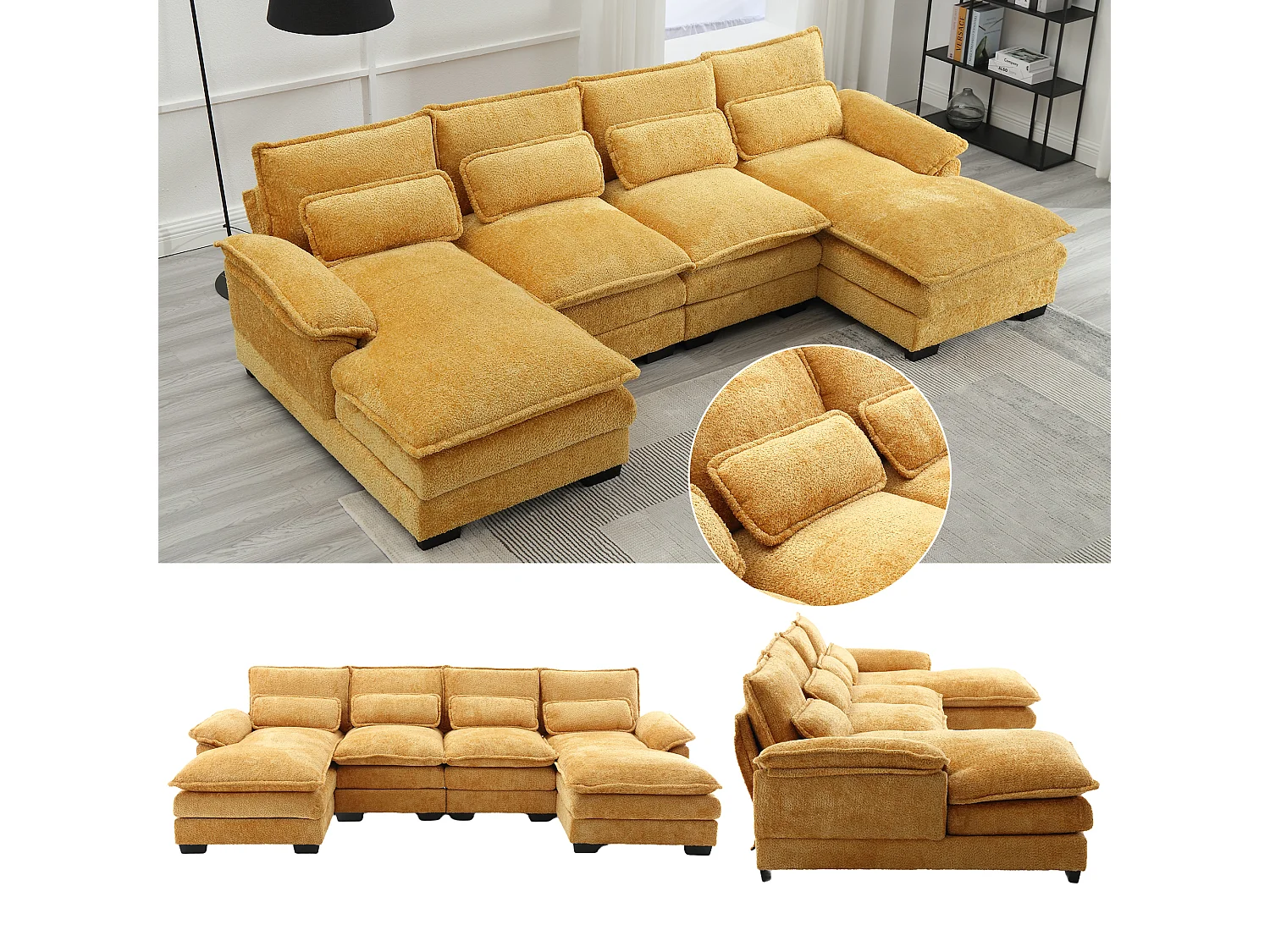 Modulares U-förmiges 4-Sitzer-Sofa – 261 x 134 x 82 cm – 4 Lendenkissen zur Unterstützung – Bouclé-Stoff – gelb