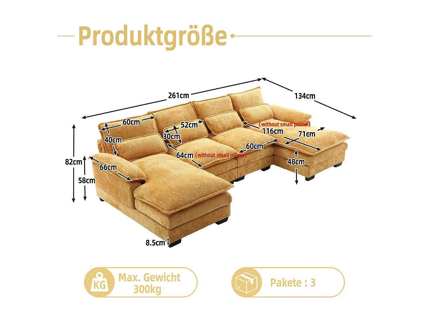 Modulares U-förmiges 4-Sitzer-Sofa – 261 x 134 x 82 cm – 4 Lendenkissen zur Unterstützung – Bouclé-Stoff – gelb
