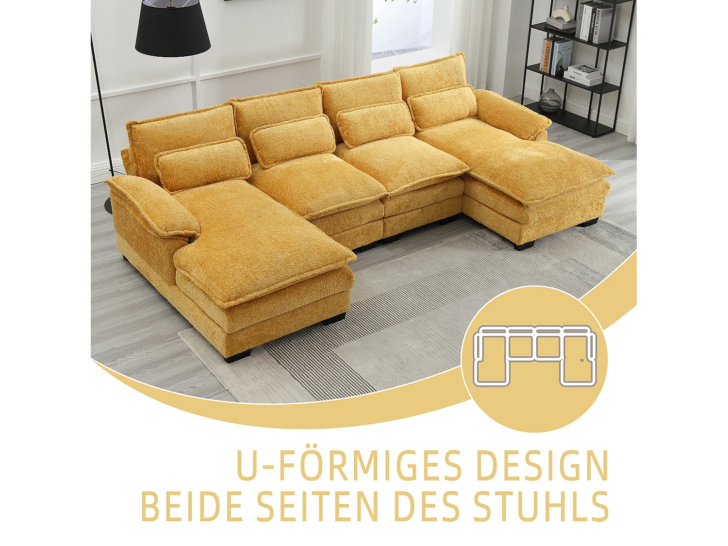 Modulares U-förmiges 4-Sitzer-Sofa – 261 x 134 x 82 cm – 4 Lendenkissen zur Unterstützung – Bouclé-Stoff – gelb