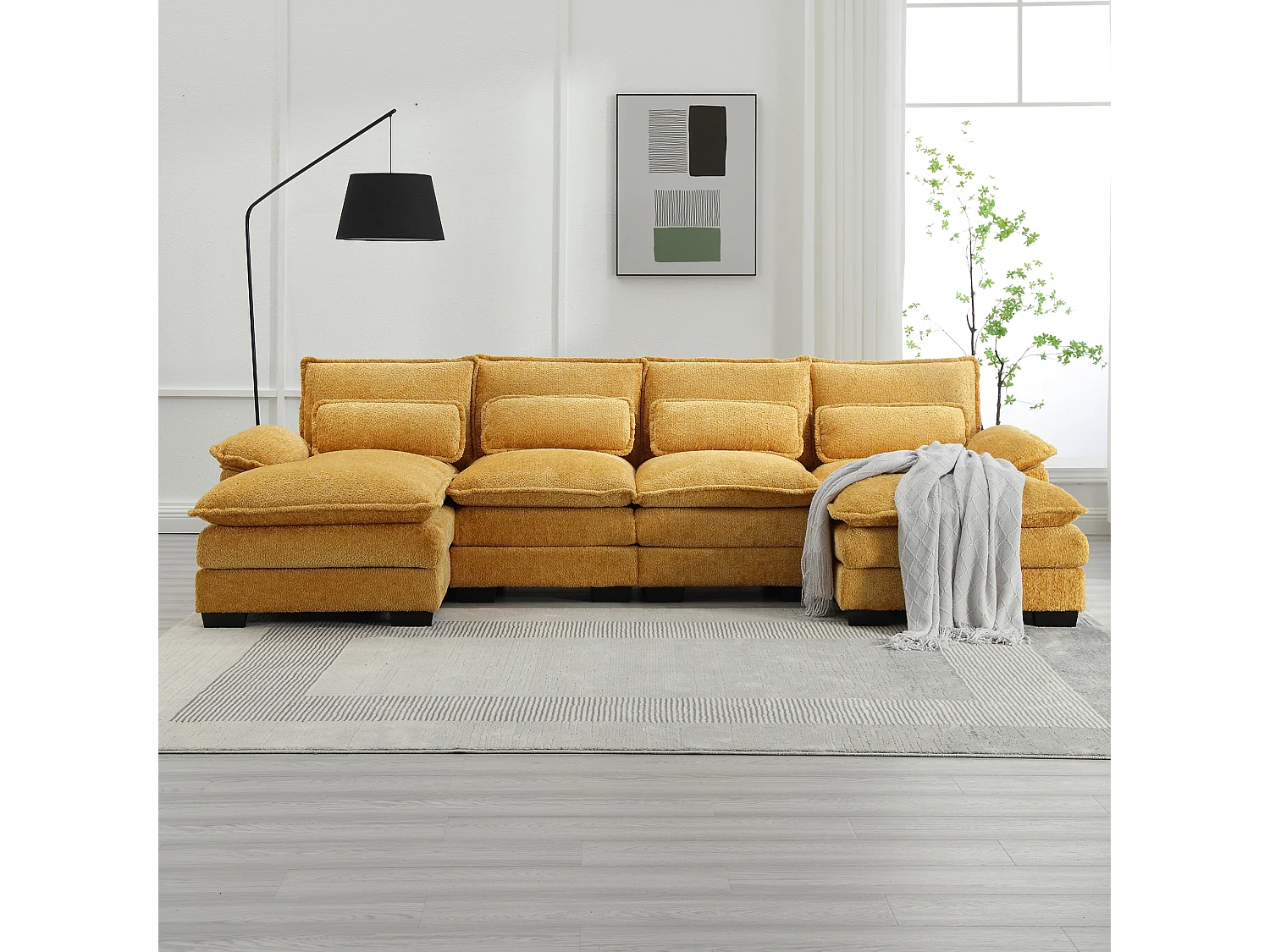 Modulares U-förmiges 4-Sitzer-Sofa – 261 x 134 x 82 cm – 4 Lendenkissen zur Unterstützung – Bouclé-Stoff – gelb