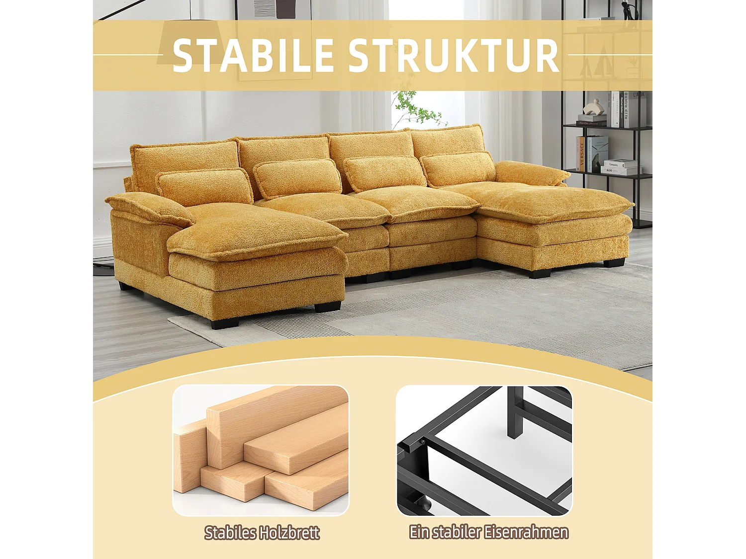 Modulares U-förmiges 4-Sitzer-Sofa – 261 x 134 x 82 cm – 4 Lendenkissen zur Unterstützung – Bouclé-Stoff – gelb