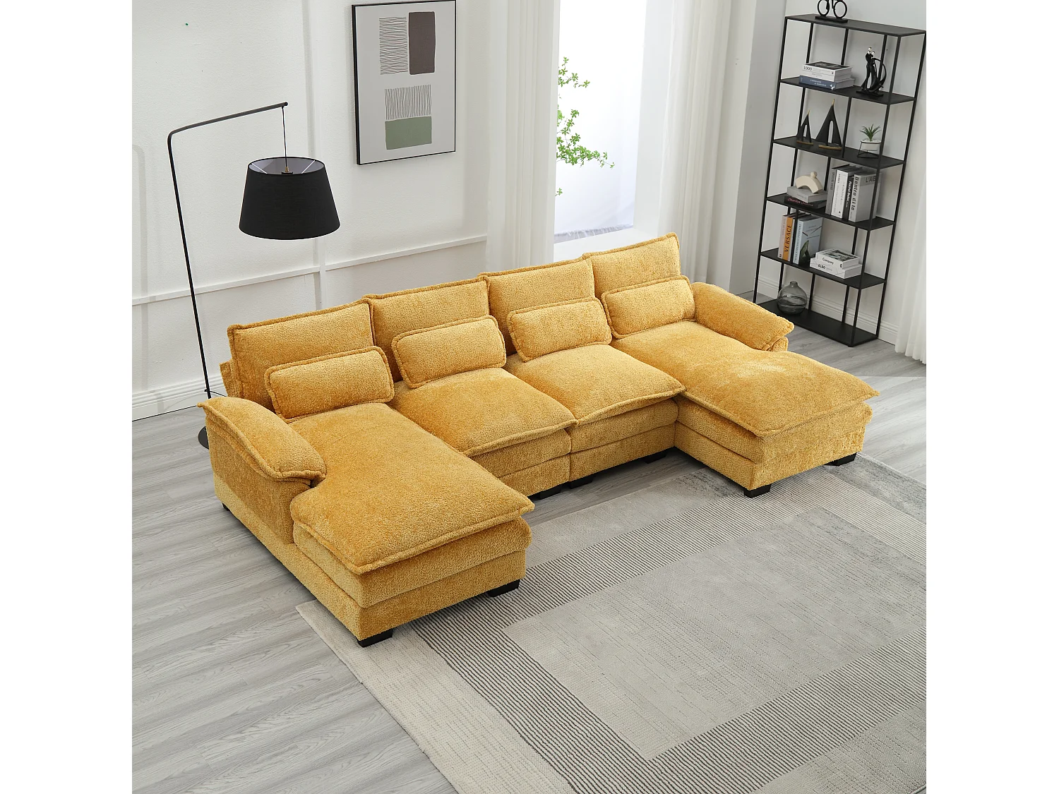 Modulares U-förmiges 4-Sitzer-Sofa – 261 x 134 x 82 cm – 4 Lendenkissen zur Unterstützung – Bouclé-Stoff – gelb