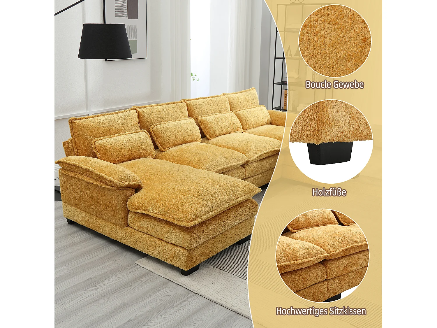 Modulares U-förmiges 4-Sitzer-Sofa – 261 x 134 x 82 cm – 4 Lendenkissen zur Unterstützung – Bouclé-Stoff – gelb