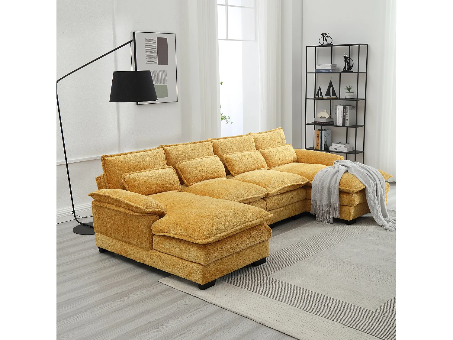 Modulares U-förmiges 4-Sitzer-Sofa – 261 x 134 x 82 cm – 4 Lendenkissen zur Unterstützung – Bouclé-Stoff – gelb