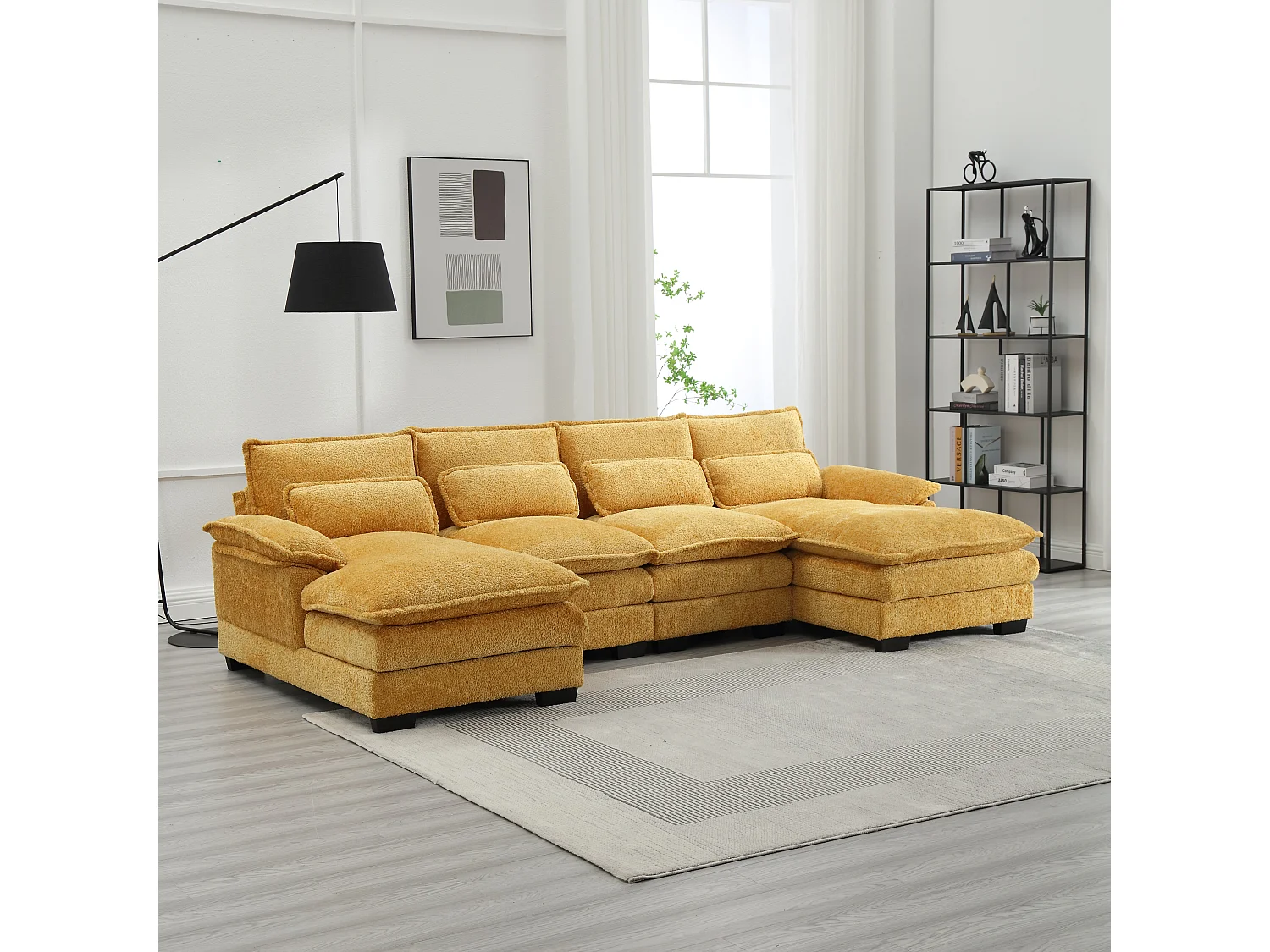 Modulares U-förmiges 4-Sitzer-Sofa – 261 x 134 x 82 cm – 4 Lendenkissen zur Unterstützung – Bouclé-Stoff – gelb