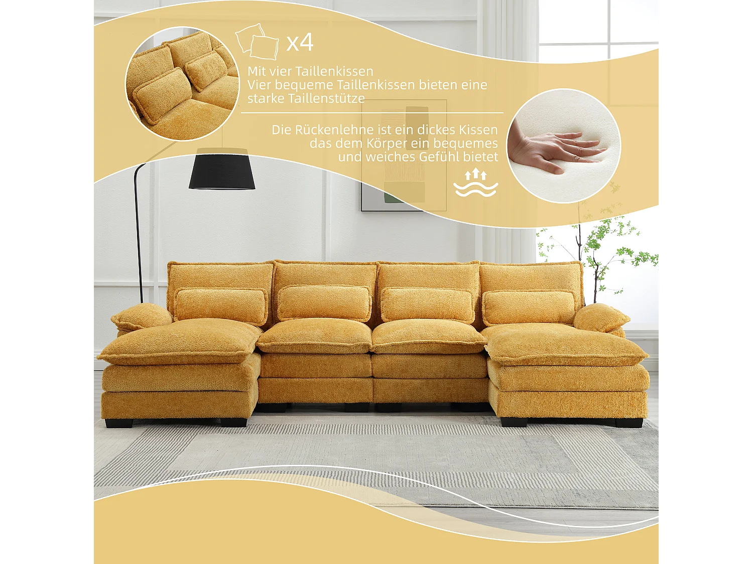 Modulares U-förmiges 4-Sitzer-Sofa – 261 x 134 x 82 cm – 4 Lendenkissen zur Unterstützung – Bouclé-Stoff – gelb