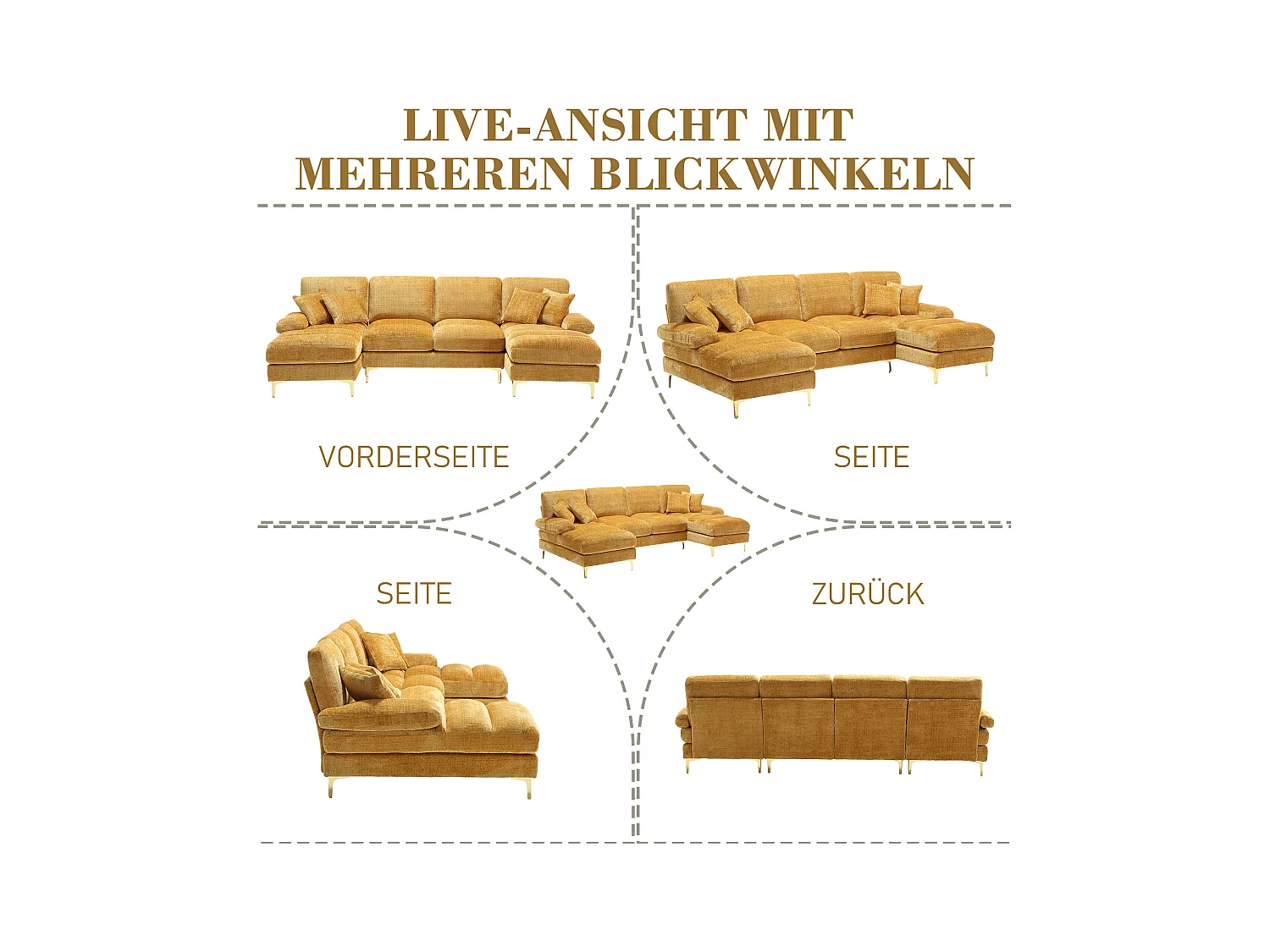 Canapé moderne en U - 272 x 136 x 88 cm - avec 2 places inclinables pour salon - velours - jaune