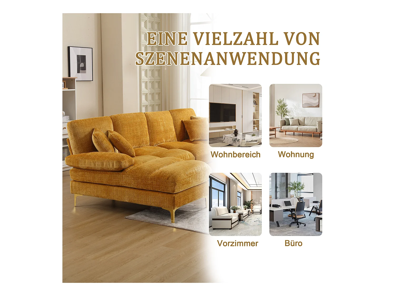 Canapé moderne en U - 272 x 136 x 88 cm - avec 2 places inclinables pour salon - velours - jaune