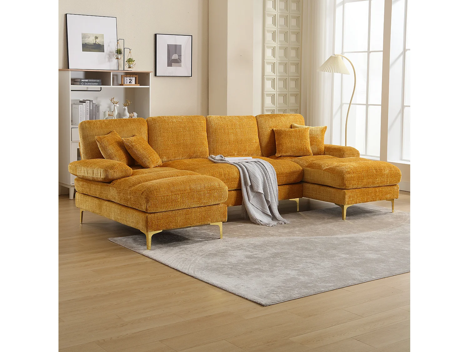 Sofá moderno em U - 272 x 136 x 88 cm - com 2 assentos reclináveis para sala de estar - veludo - amarelo