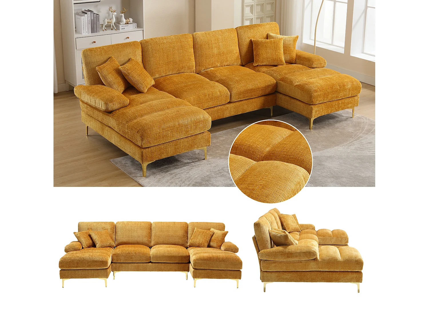 Sofá moderno em U - 272 x 136 x 88 cm - com 2 assentos reclináveis para sala de estar - veludo - amarelo