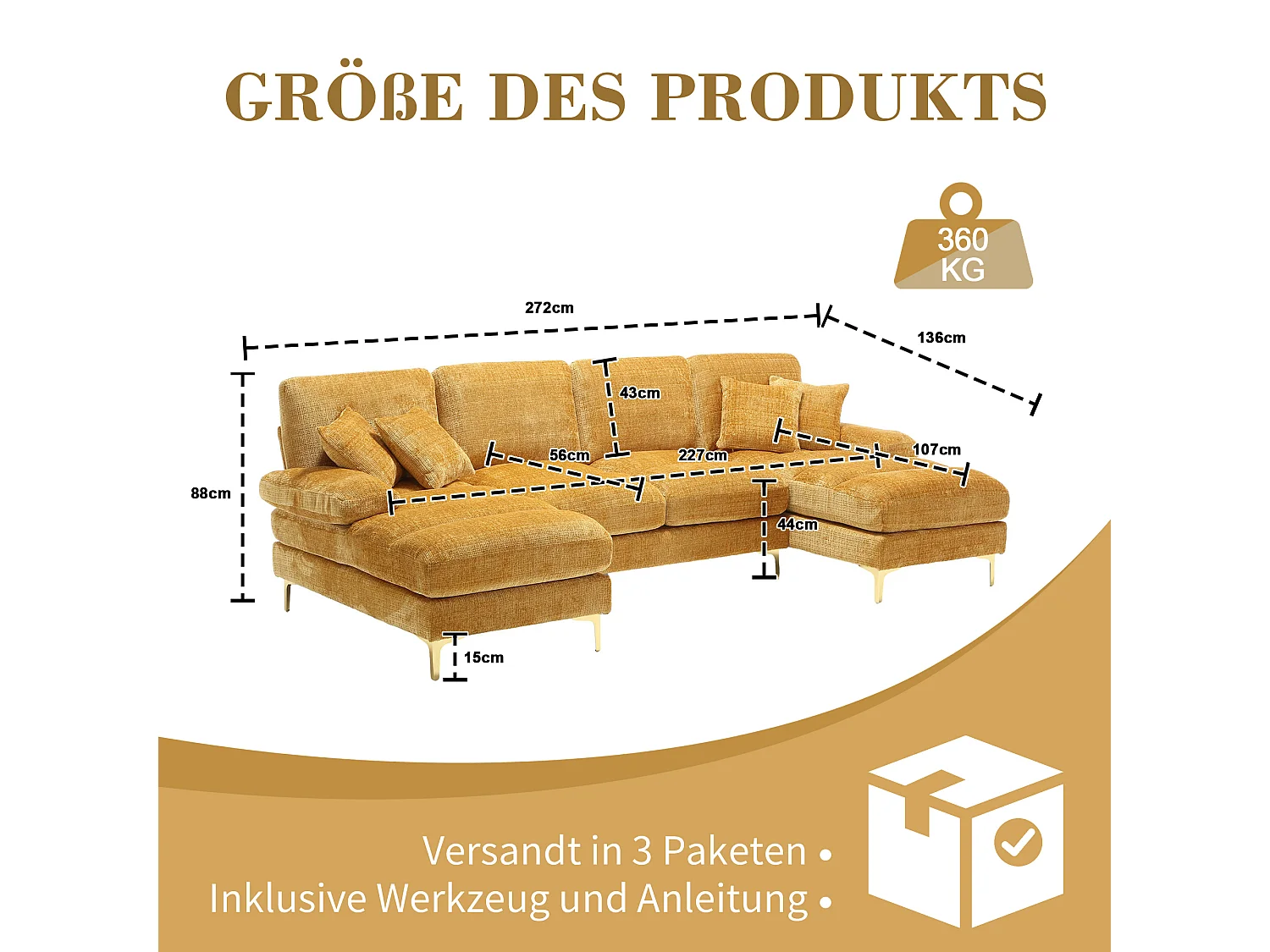 Sofá moderno em U - 272 x 136 x 88 cm - com 2 assentos reclináveis para sala de estar - veludo - amarelo