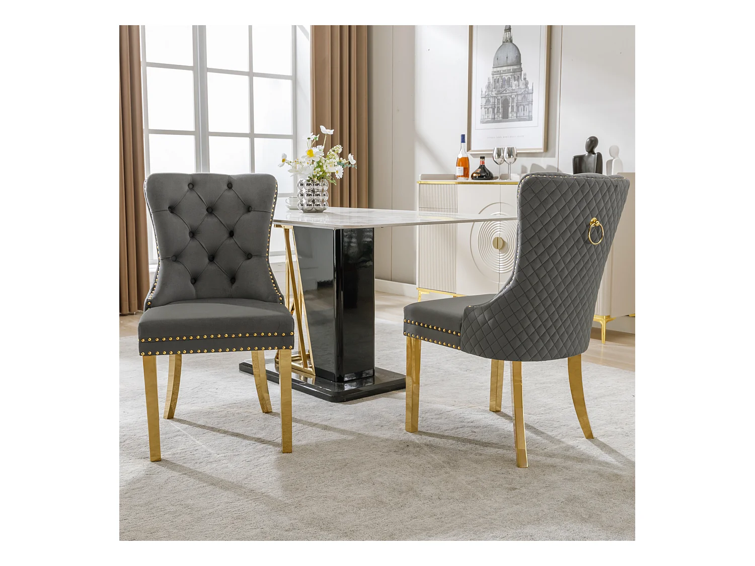 Lot de 2 chaises - 50.5 x 65.5 x 95 cm - pieds en acier inoxydable doré - velours - gris/or