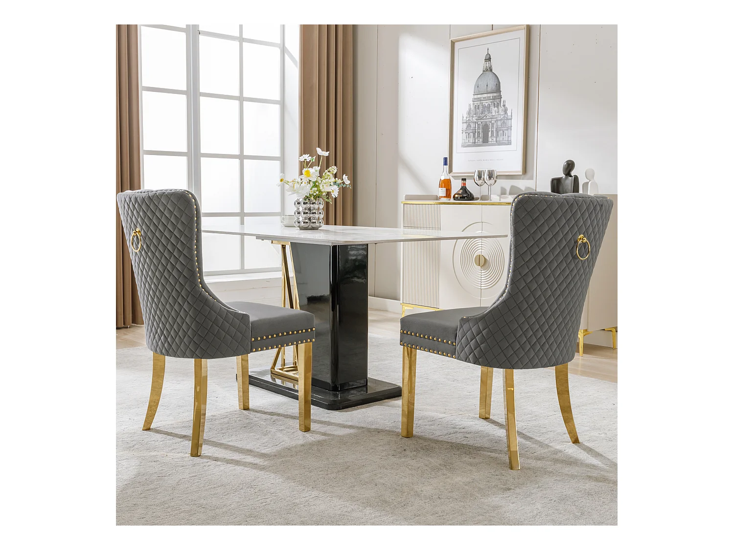 Lot de 2 chaises - 50.5 x 65.5 x 95 cm - pieds en acier inoxydable doré - velours - gris/or