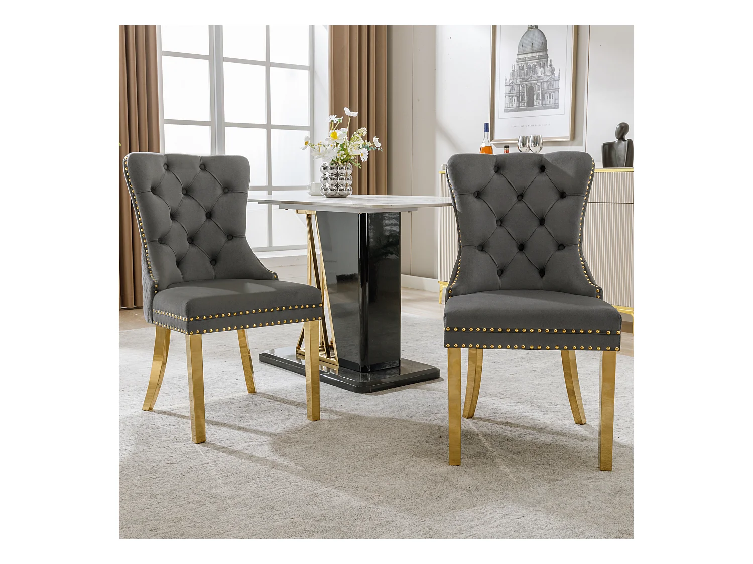 Lot de 2 chaises - 50.5 x 65.5 x 95 cm - pieds en acier inoxydable doré - velours - gris/or