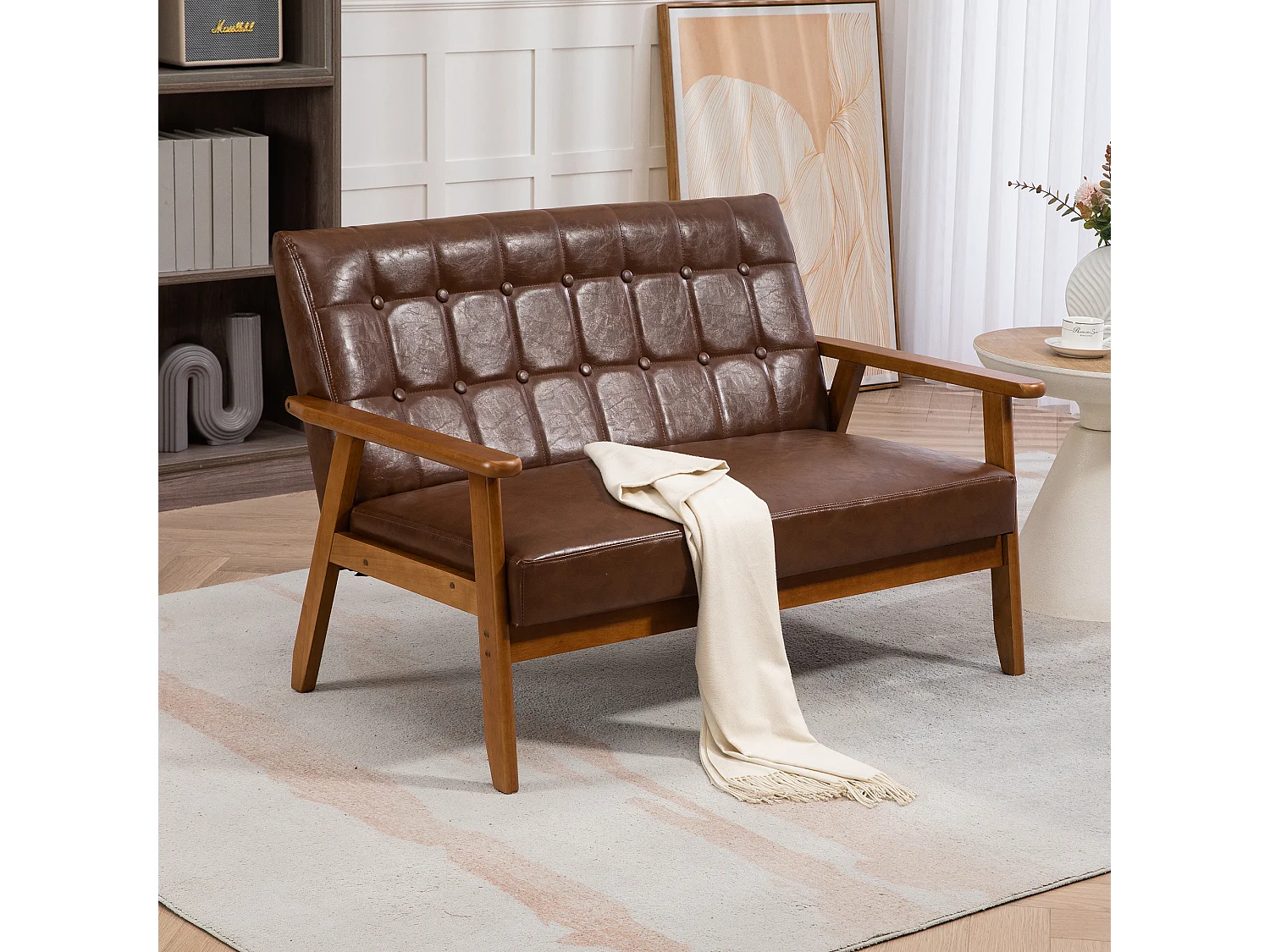 2-zits tweepersoonsbank - 114 x 73,5 x 75 cm - met sponskussen - fauteuil voor woonkamer - PU-leer - bruin