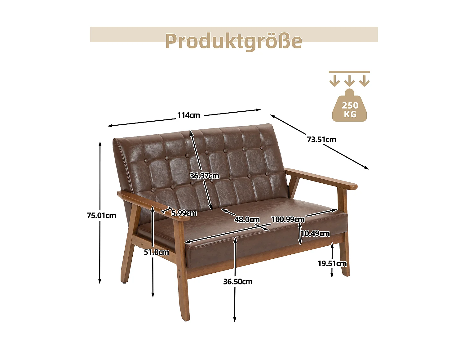 2-zits tweepersoonsbank - 114 x 73,5 x 75 cm - met sponskussen - fauteuil voor woonkamer - PU-leer - bruin