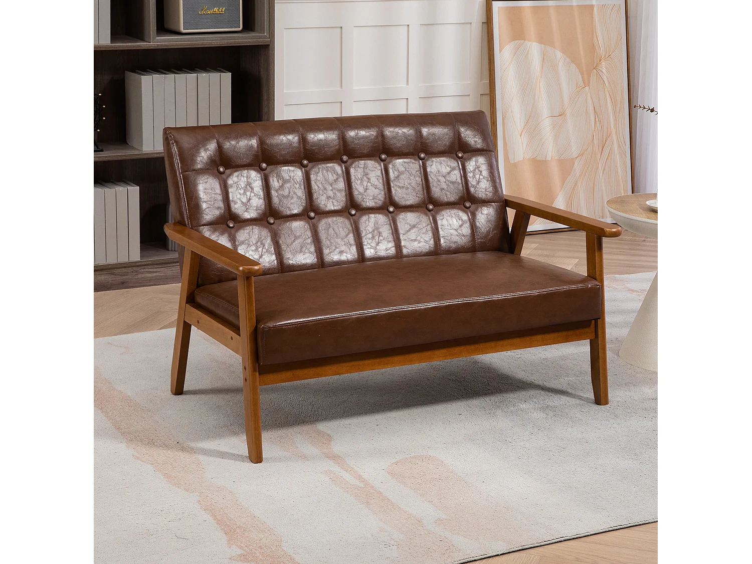 2-zits tweepersoonsbank - 114 x 73,5 x 75 cm - met sponskussen - fauteuil voor woonkamer - PU-leer - bruin