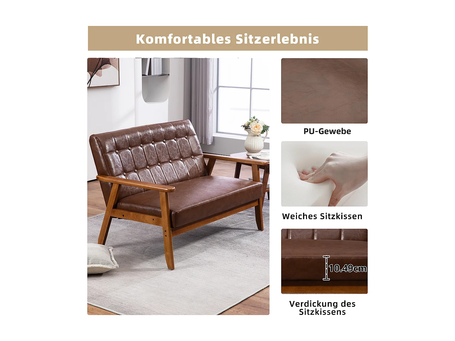 2-zits tweepersoonsbank - 114 x 73,5 x 75 cm - met sponskussen - fauteuil voor woonkamer - PU-leer - bruin