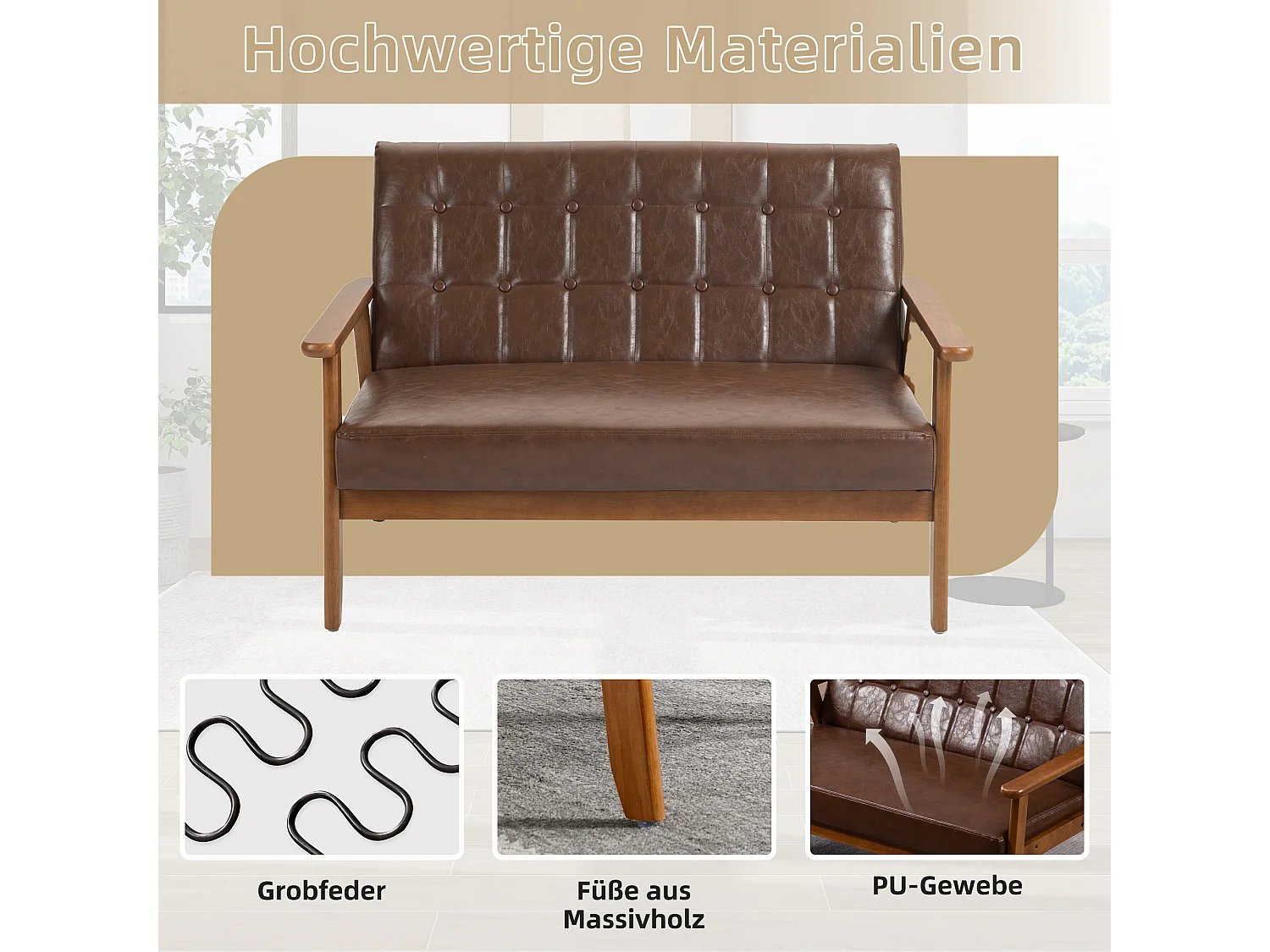 2-zits tweepersoonsbank - 114 x 73,5 x 75 cm - met sponskussen - fauteuil voor woonkamer - PU-leer - bruin