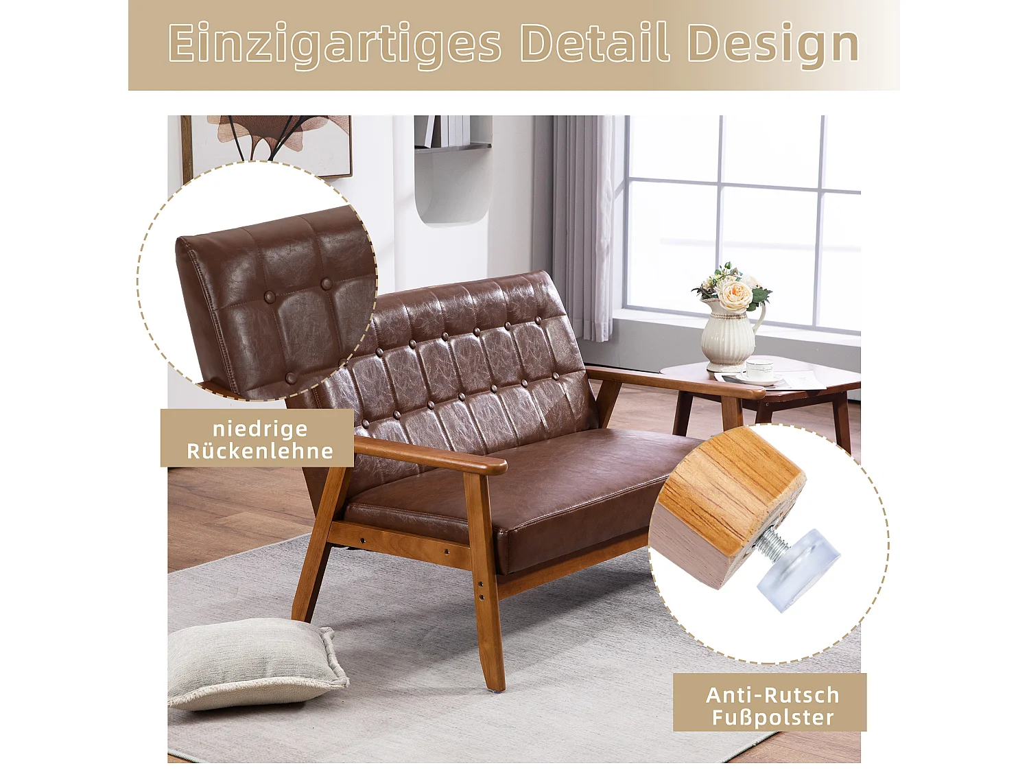 2-zits tweepersoonsbank - 114 x 73,5 x 75 cm - met sponskussen - fauteuil voor woonkamer - PU-leer - bruin